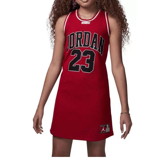 Jordan23‎ Girls Jersey Dress Red Black Logo Patch Mesh Sleeveless A-line Cut - Picture 1 of 13